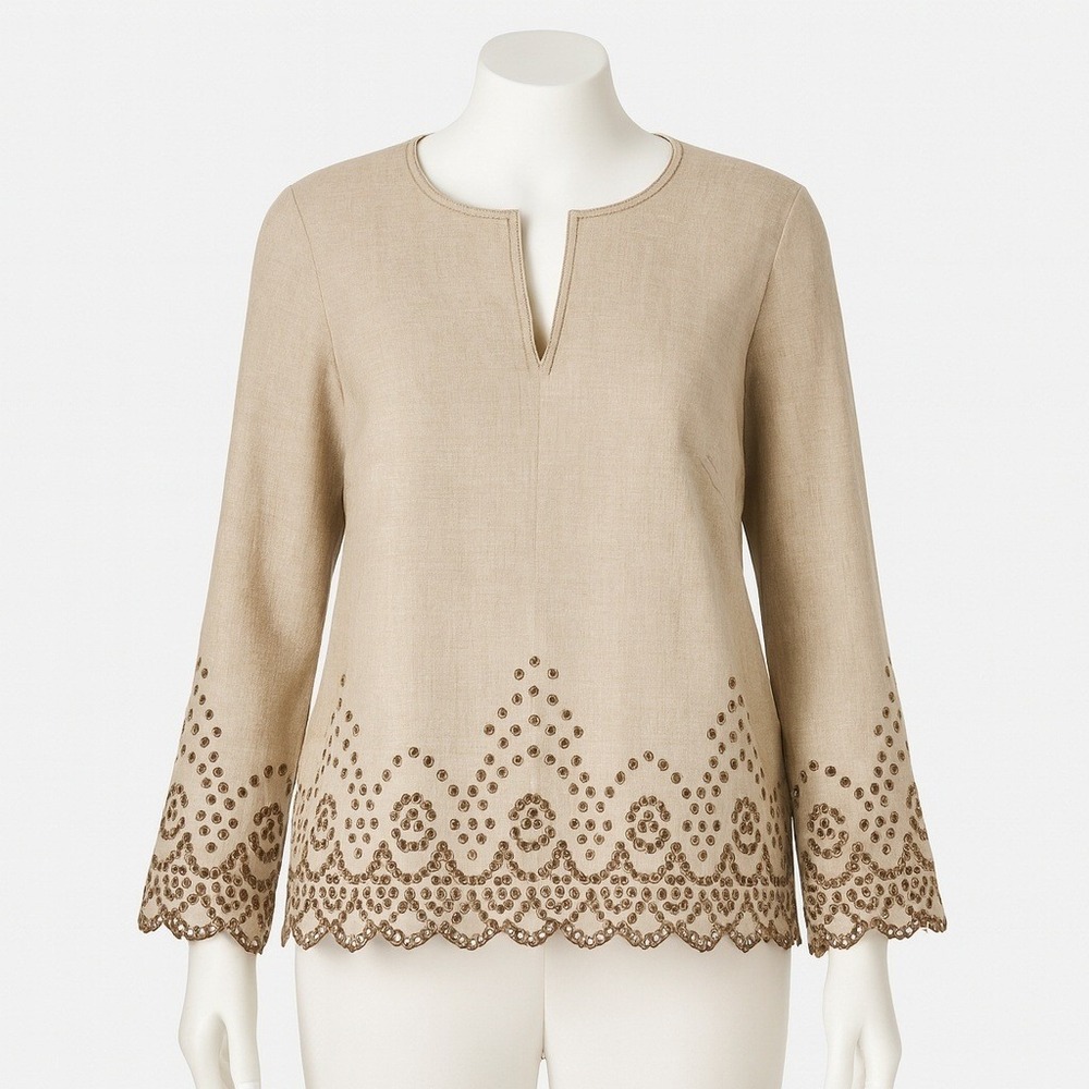 Talbots Boho‎ Eyelet Linen Long Sleeve Top Size 10 Petite Tan Coastal Festival